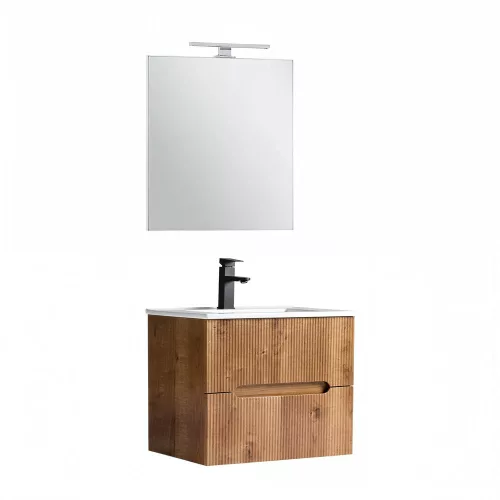Mobilier de baie Trent 60 cm cu chiuveta ceramica 2 sertare si oglinda 60x80 cm stejar apus de soare