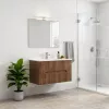 Mobilier de baie Trent 80 cm cu chiuveta ceramica 2 sertare si oglinda 60x80 cm stejar apus de soare