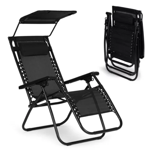 Șezlong pliabil cu copertină neagră